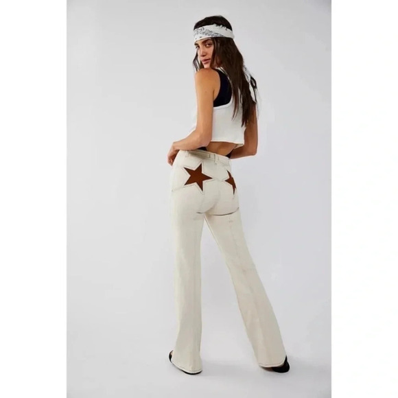 New Free People Firecracker Flare Jeans in Star Patch Cream Ivory Suede Brown - Picture 1 of 13